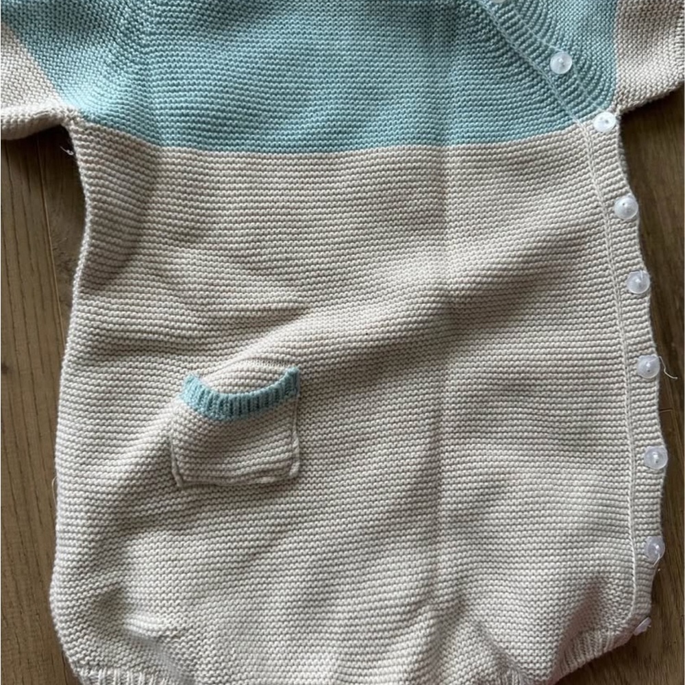 Cream and Light Blue Knit Baby Romper